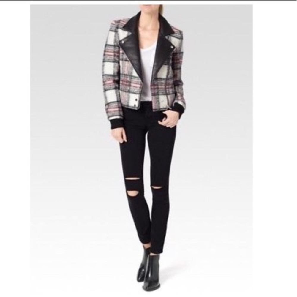 Paige Farrah Plaid Wool Leather Moto Jacket Pink Black Women's Size S - Picture 3 of 16
